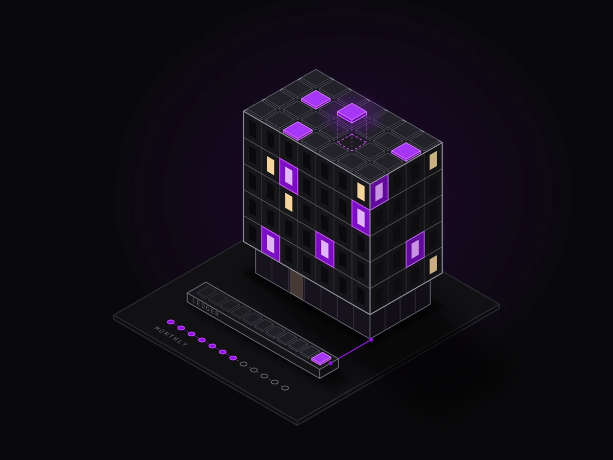 Isometric residential building whose facade and roof are divided into share tiles, a few highlighted in purple, linked to a ledger strip of ordered entries and a row of monthly markers.