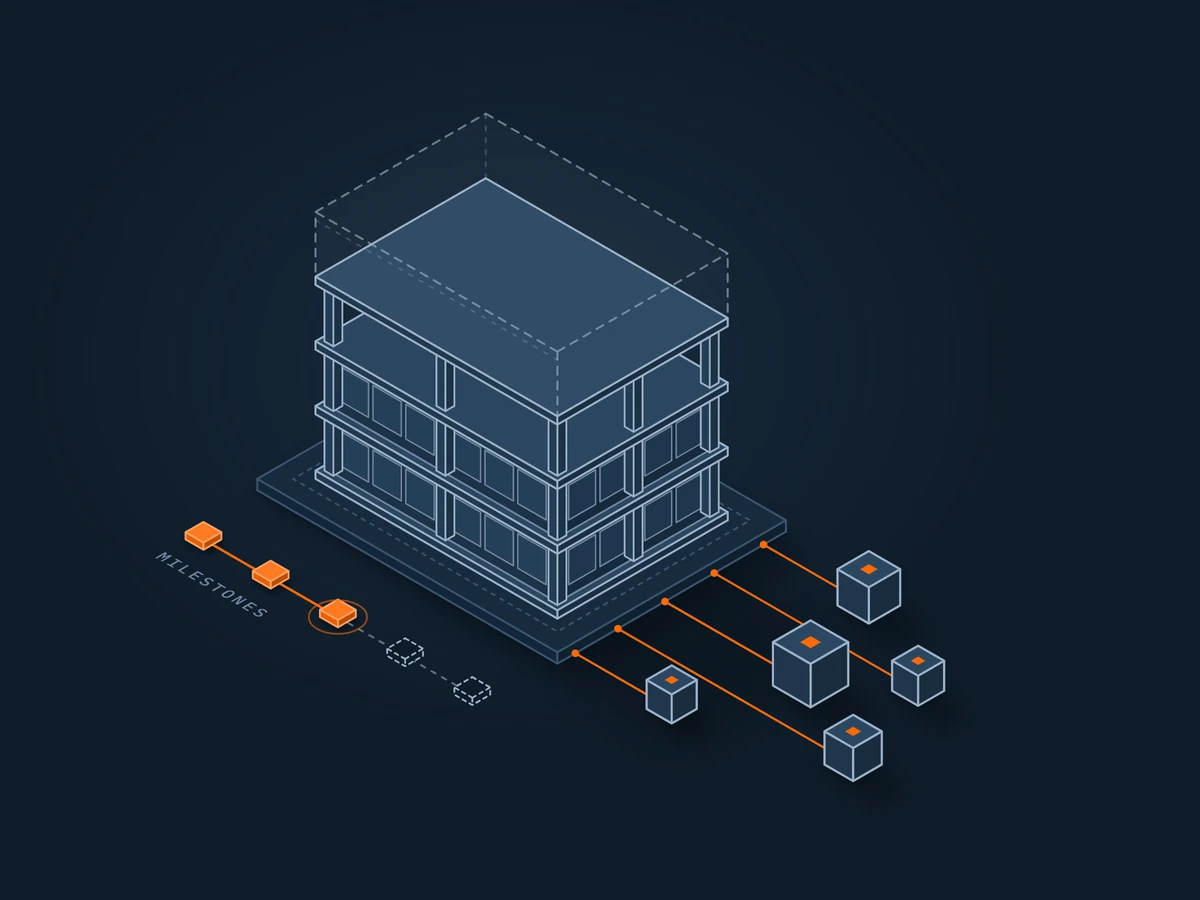 Isometric residential building under construction: two finished floors below an open concrete frame and a dashed outline of the storey still to be built, beside a milestone track and investor blocks linked by thin orange lines.